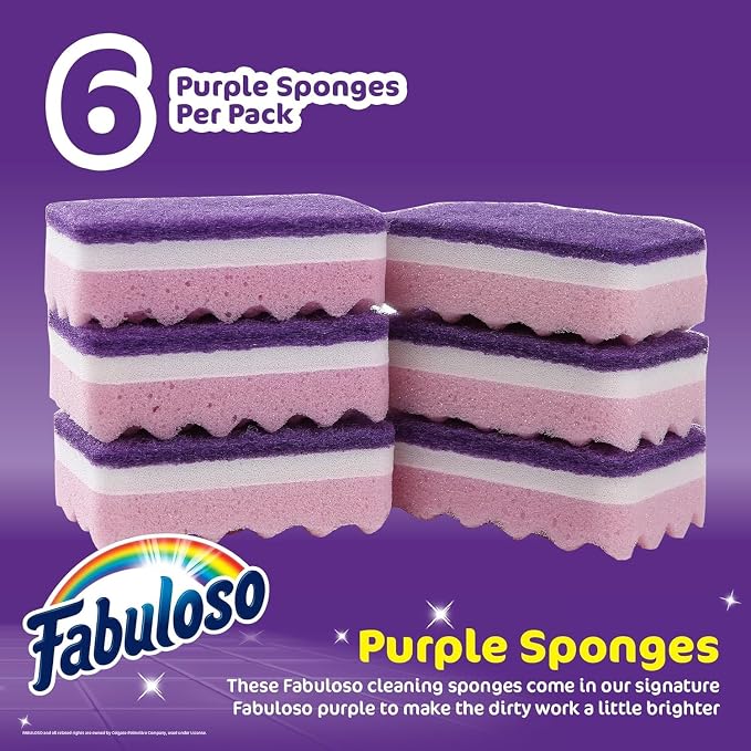Fabuloso Scratch-Free Kitchen Dish Sponges Purple Cellulose Scrubber Sponge Scouring Pad Dishes Pots Pans Counters and Sinks Tough on Messes 4.25 x 2.75 x 1.25 in 6 Count 2 Pack Kitchen Cleaning