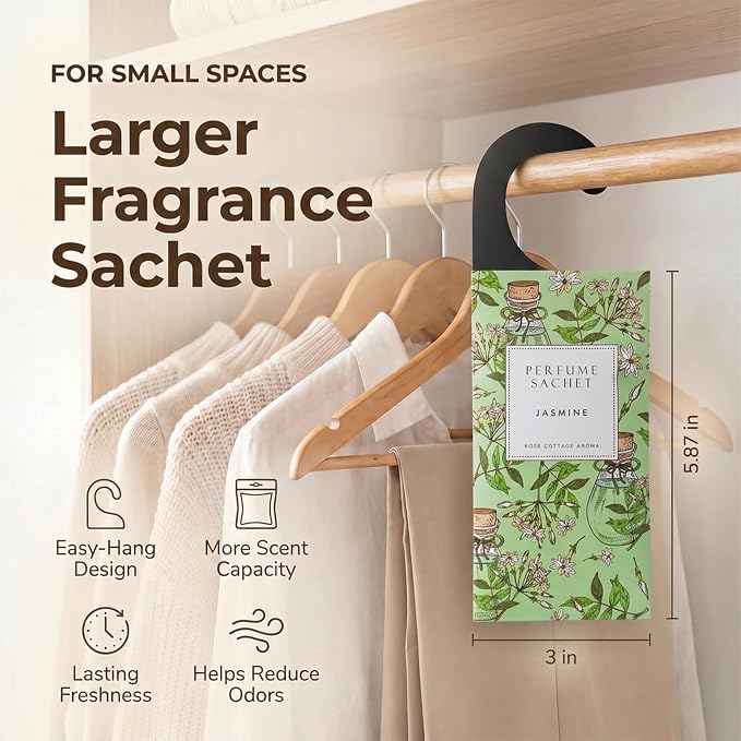 Large 12 Packs Jasmine Hanging Scented Sachets Long-Lasting Closet Deodorizer Air Freshener Fabric Refresher Odor Eliminator for Drawer Home Fragrance Gift Set