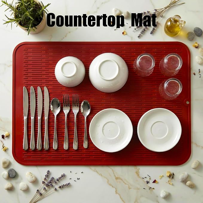 MicoYang Silicone Dish Drying Mat for Multiple Usage,Easy clean,Eco-friendly,Heat-resistant Silicone Mat for Kitchen Counter or Sink,Refrigerator or Drawer Liner Red 4XL 32 inches x 18 inches