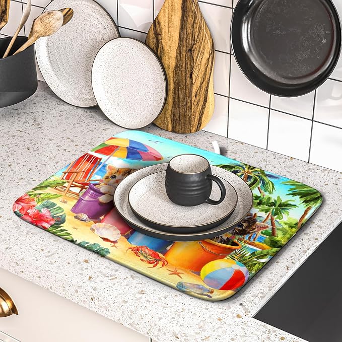 Lovely Cat Dish Drying Mat for Kitchen Counter Holiday Beach Absorbent Coffee Bar Mat 16 X 18 In