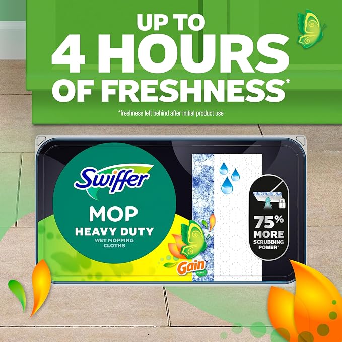 Swiffer Heavy Duty Mop Wet Multi-Surface Cloth Refills for Floor Mopping and Cleaning, Gain and Unstopables Scents, 30 count