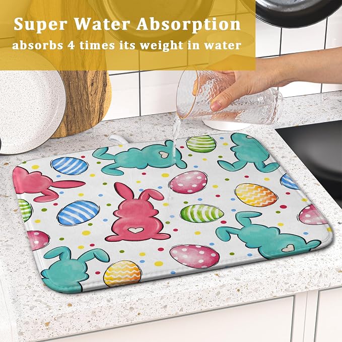 Easter Dish Drying Mat for Kitchen Counter Colorful Bunny Holiday Microfiber Absorbent Dish Draining Reusable Washable Foldable 16"x18"