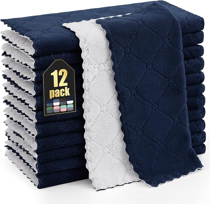 Homaxy 12 Pack Kitchen Cloths Dish Towels (10" x 10", Navy Blue & White), Super Soft and Absorbent Dish Cloths, Coral Velvet Microfiber Cleaning Cloth, Nonstick Oil Fast Dry Dishcloths