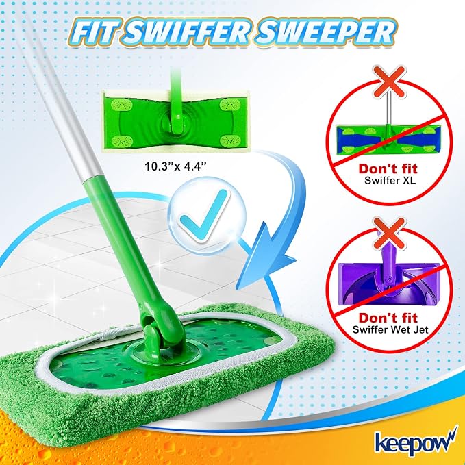 KEEPOW Reusable Wet Pads Compatible with Swiffer Sweeper Mop, 16 Pack | Dry Sweeping Cloths, Washable Microfiber Wet Mopping Cloth Refills for Surface/Hardwood Floor Cleaning