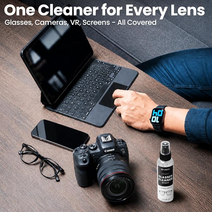 EVEO Glasses Cleaner Spray - Eyeglass Cleaner (No Streaks)| x2 Eye Glass Cleaners Spray + x2 Lens Cleaner Microfiber Cleaning Cloth, Glasses Cleaning Kit Eye Glasses Cleaner Spray & Cloth - 4oz(2ozx2)