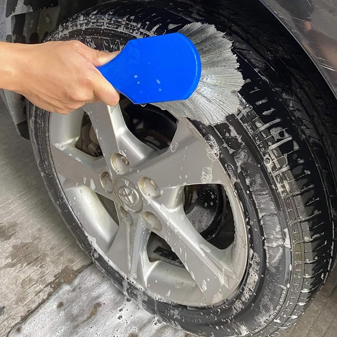Wheel & Tire Brush for Car Rim, Soft Bristle Car Wash Brush | Car Tire Brush Cleans Tires & Releases Dirt and Road Grime, Short Handle Wheel Brush for Easy Scrubbing Blue