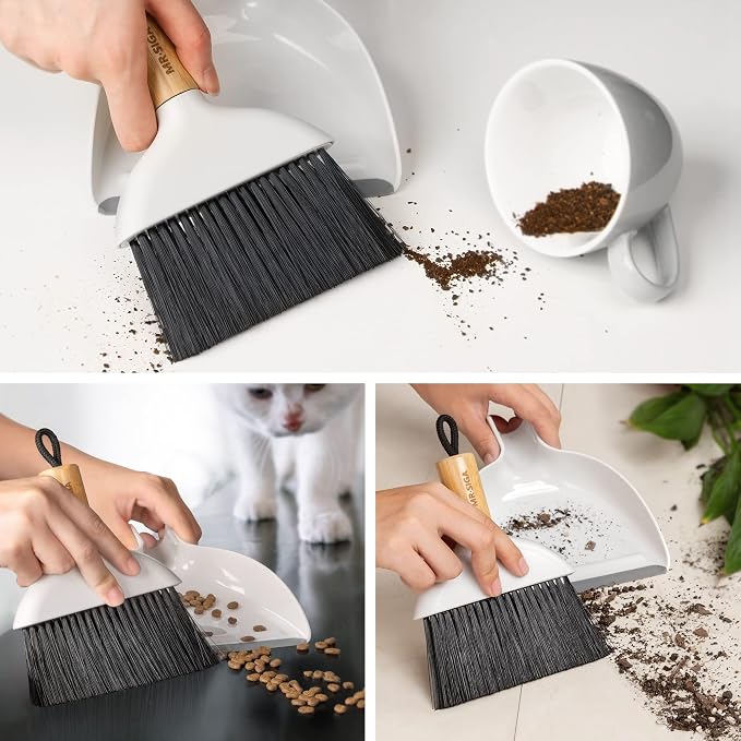 MR.SIGA Mini Dustpan and Brush Set, Bamboo Handle, White, 1 Set | Portable cleaning brush and dustpan combo, handheld brush and dustpan combo with hanging loop