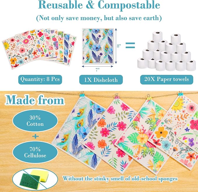 Lucomb Swedish Dishcloths for Kitchen Dishes, 8 Pack Reusable Cleaning Cloths Replace Paper Towels Swedish Towels Cleaning Rags Eco Friendly Biodegradable for Home Office Wipes