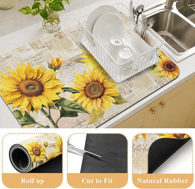 Sunflower Kitchen Countertop Dish Drying Mat,Super Absorbent Coffee Bar Mat for Maker Espresso Machine, Anti-Slip Accessories for Kitchen Countertops 24x18 Inch