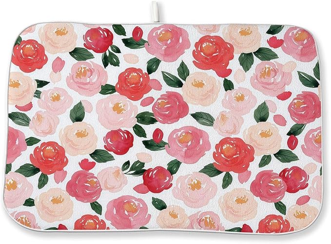 Floral Dish Drying Mat 18x24 Inch Watercolor Red Pink Flower Drying Mat Vintage Spring Summer Valentines Day Romantic Absorbent Dish Drying Pad Dish Rack Drainer Mats for Kitchen Dining Counter