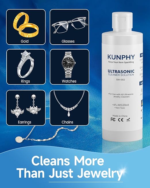 kunphy Jewelry Cleaner Solution -Ultrasonic Cleaner Solution for Gold, Silver, Platinum Diamonds and Non-Porous Precious & Semi-Precious Jewelry 4 oz(120ml)