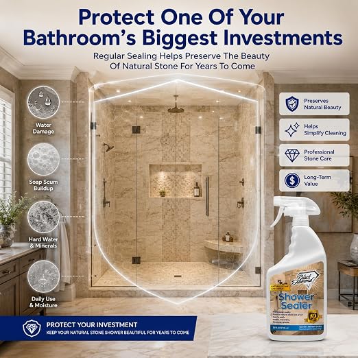 Black Diamond Stoneworks Natural Stone Shower Sealer – Penetrating Water-Based Sealer for Marble, Granite, Travertine, Limestone & Grout – Water & Stain Protection. 1-Quart