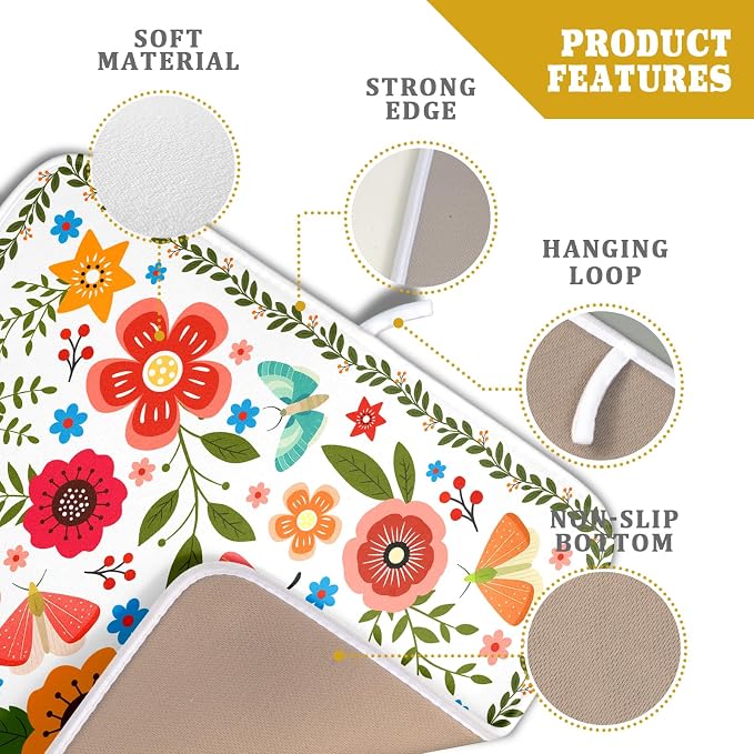 Colorful Boho Floral Dish Drying Mat 16x18 Inch Dishes Dry Pad Drainer Rack Mats Absorbent Hanging Loop Kitchen Counter Bar Accessories