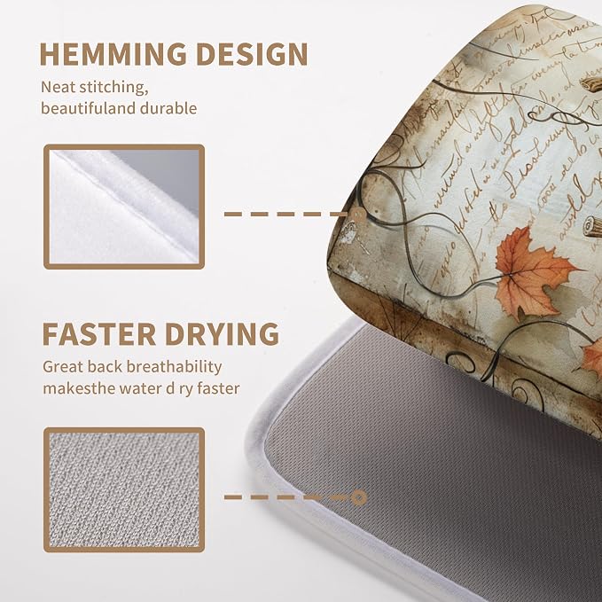 Fall Pumpkin Dish Drying Mats for Kitchen Counter 18x24 Inch Vintage Maple Leaves Dishes Drying Mat Seasonal Autumn Dish Drainer Mats Microfiber Absorbent Dish Drying Pads with Hanging Loop