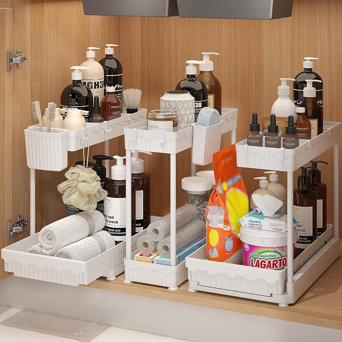 Sevenblue 3 Pack Multi-Purpose Pull-Out Storage Organizers, 2-Tier L-Shaped Under Sink/Cabinet Organizers and Storage for Bathroom & Kitchen,White,14.85 Inch