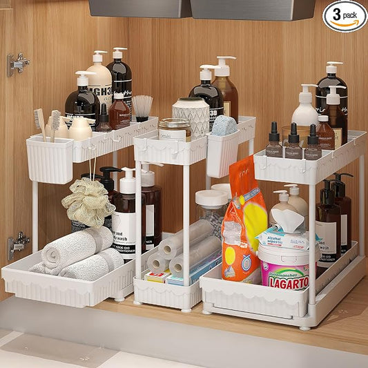 Sevenblue 3 Pack Multi-Purpose Pull-Out Storage Organizers, 2-Tier L-Shaped Under Sink/Cabinet Organizers and Storage for Bathroom & Kitchen,White,12.85 Inch
