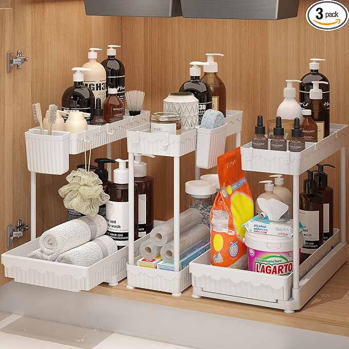 Sevenblue 3 Pack Multi-Purpose Pull-Out Storage Organizers, 2-Tier L-Shaped Under Sink/Cabinet Organizers and Storage for Bathroom & Kitchen,White,14.85 Inch