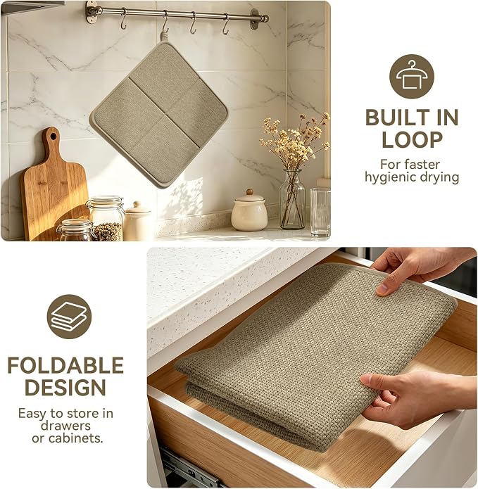 YDKGL Dish Drying Mat for Kitchen Counter, Ultra Absorbent & Fast Drying Dish Mat Machine Washable Foldable Drying Pad for Countertops, Sinks, Draining Racks, Brown