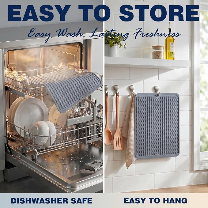 CAKETIME 2 Pack Silicone Dish Drying Mat for Kitchen Counter Waterproof Place mats Sink Protector Stove Top Organizer Appliance Storage Vanity Trays Dryer Rack Drainers Items 15"x11.5" Beige