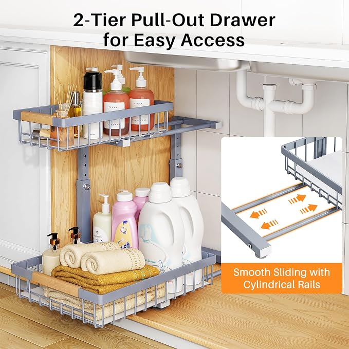 PXRACK Under Sink Organizer, Adjustable Height, 2 Tier Pull Out Under Cabinet Organizer, Slide Out Thickened Metal Under Sink Storage for Kitchen Bathroom Laundry Pantry Cabinet, Grey, Large-1-Pack