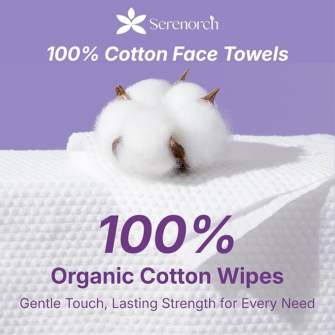 100% Cotton Disposable Face Towels, 240 Count | Soft Cotton Tissues for Sensitive Skin, Makeup Remover Dry Wipes, Lint-Free Facial Cleansing Cloths, Hanging Bag