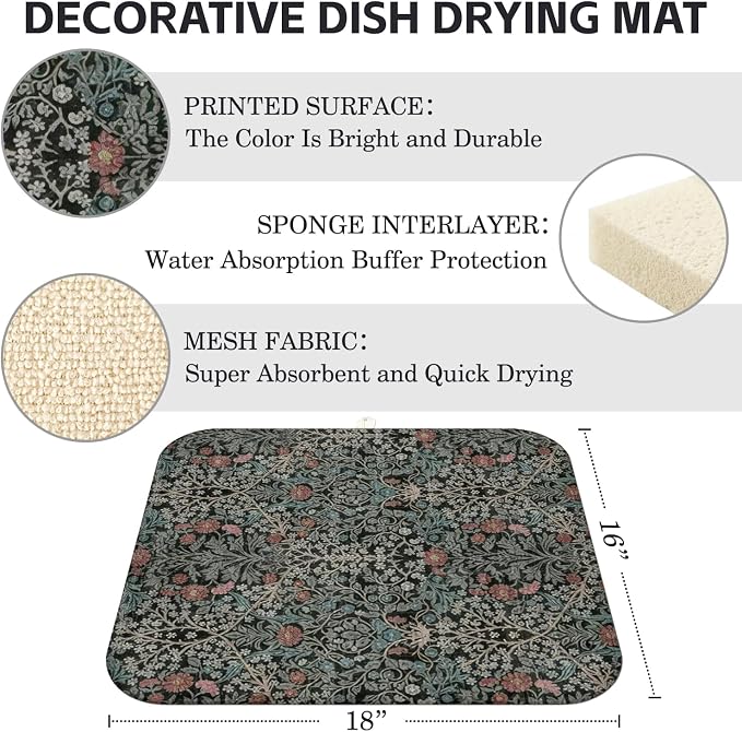 Boho Dish Drying Mat for Kitchen Counter,Vintage Botanical Floral Farmhouse Absorbent Microfiber Reusable Washable Non-Slip Dish Drainer Draining Mats Dishes Pad for Kitchen Decor 18x16 Inch