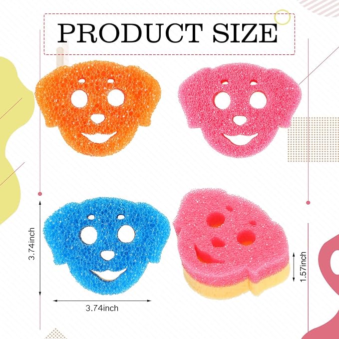 FillTouch 3 Pcs Dual Sided Scrub Sponge Multi Functional Cute Temperature Sensitive Non Scratch Dish Sponge for Washing Dishes Kitchen Bathroom(Dog,Pink, Orange, Blue)