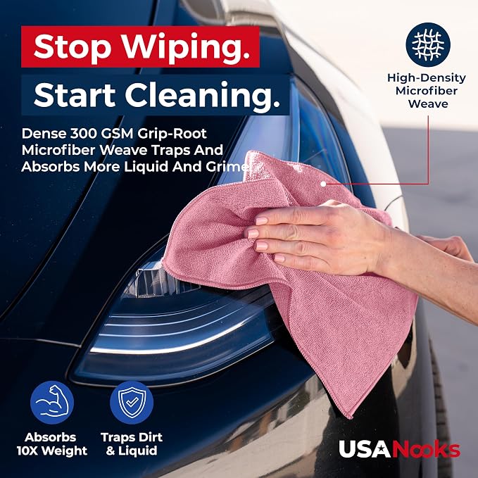 USANOOKS Microfiber Cleaning Cloth Light Pink - 8 Pcs 12.5"x12.5" - High Performance - 1200 Washes, Ultra Absorbent Towels Weave Grime & Liquid for Streak-Free Mirror Shine - Car Washing Cloth