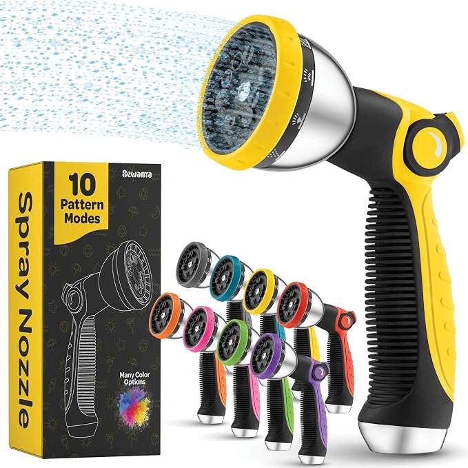 Hose Nozzle [Yellow] Heavy Duty Hose Sprayer With 10 Adjustable Watering Patterns. Thumb Control Design, Comfortable Ergonomic Grip, Garden Hose Nozzle for Watering Plants & Lawns/Fun showers/Cleaning