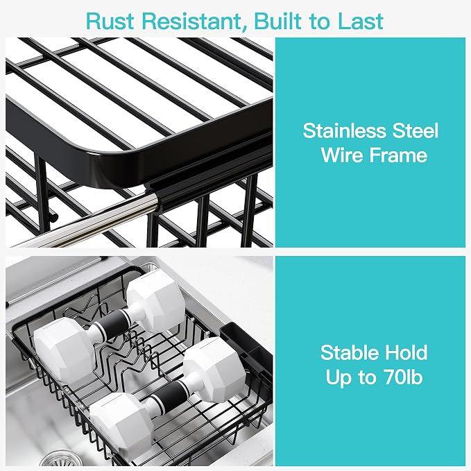 JASIWAY Expandable Stainless Steel Black Over The Sink Dish Drying Rack for Small Kitchen Counter Space Saving, Compact Plate Drainer Strainer, Adjustable Hanging Metal Dish Dryer with Utensil Holder