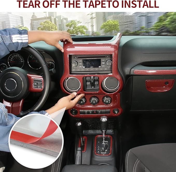 RT-TCZ for Jeep JK Interior Trim Kit Red, JKU Center Console Dashboard Panel Trim Cover for Jeep Wrangler JK JKU 2011-2017 Red ABS Carbon Fiber Interior Accessories 10pcs