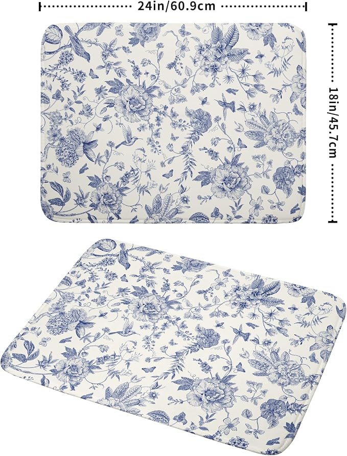 Giwawa Chinoiserie Flower Dish Drying Mat Blue Leaves Dishes Drying Pad Reusable Washable Kitchen Countertop Protector Dish Drainer Mat 18x24 Inch