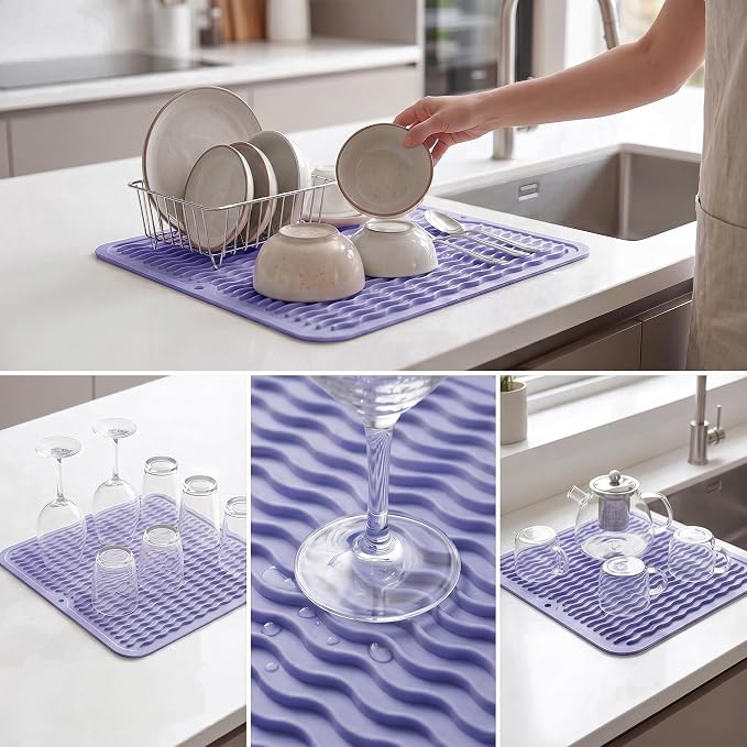 MicoYang Silicone Dish Drying Mat for Multiple Usage,Easy clean,Eco-friendly,Heat-resistant Silicone Mat for Kitchen Counter or Sink,Refrigerator or Drawer liner Light Purple M 12 inches x 12 inches