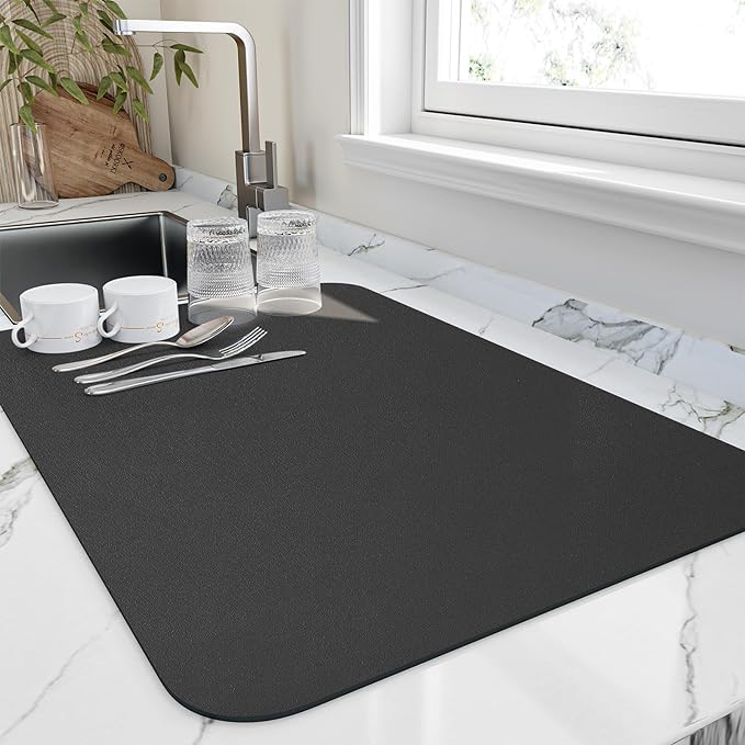 HotLive Dish Drying Mat for Kitchen Counter, Heat Resistant Drainer Mats with Non-slip Rubber Backed, Hide Stain Kitchen Super Absorbent Draining Mat, Easy to Clean Dish Rack Pad, Black 18"x32"