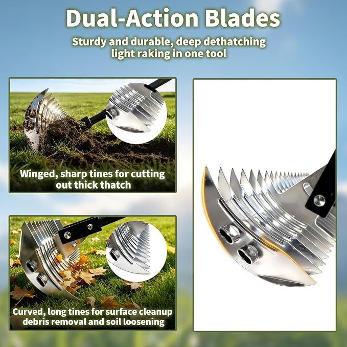 Dethatcher Rake 15-Inch Lawn Thatching Rake,19-Tine Heavy-Duty Steel Dethatching Rake with Adjustable Head&Long Handle,Durable Thatch Rake for Removing Dead Grass,Moss&Lawn Debris