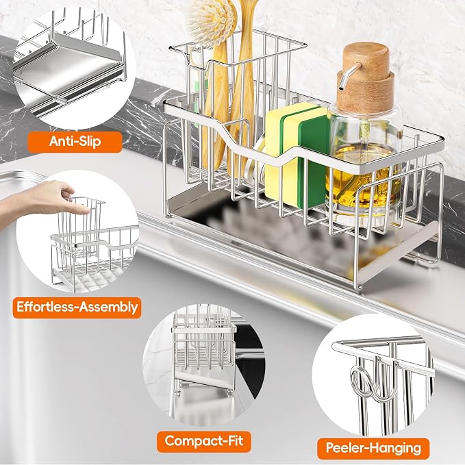 StorageRight Kitchen Sink Caddy Organizer, Rustproof Sponge Holder for Kitchen Sink, Instant Dry High Brush Holders with Drain Tray, Anti-Slip Sink Storage Organization Essentials, Silver