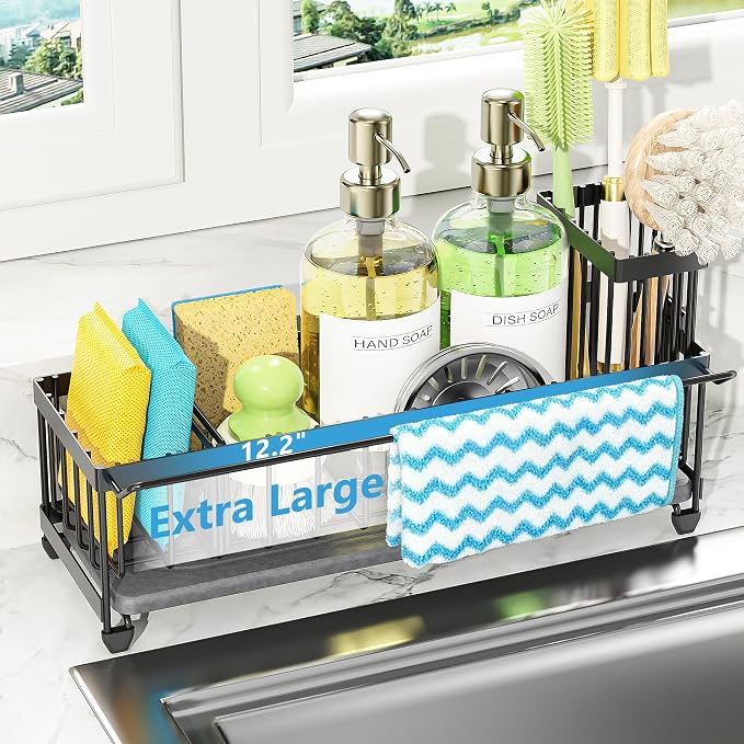 Cisily Large Sink Caddy Organizer with Towel Holder, Quick Dry Sponge Holder for Kitchen, Black Dish Brush Holder for Countertop, Kitchen Decor Storage and Essentials