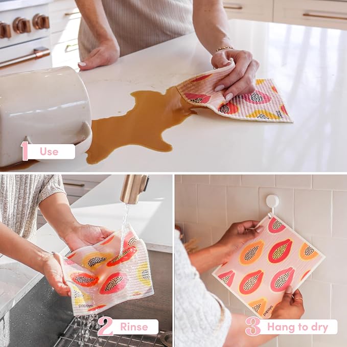 Papaya Swedish Dishcloths for Kitchen, 2 Reusable Paper Towels, 1 Hook