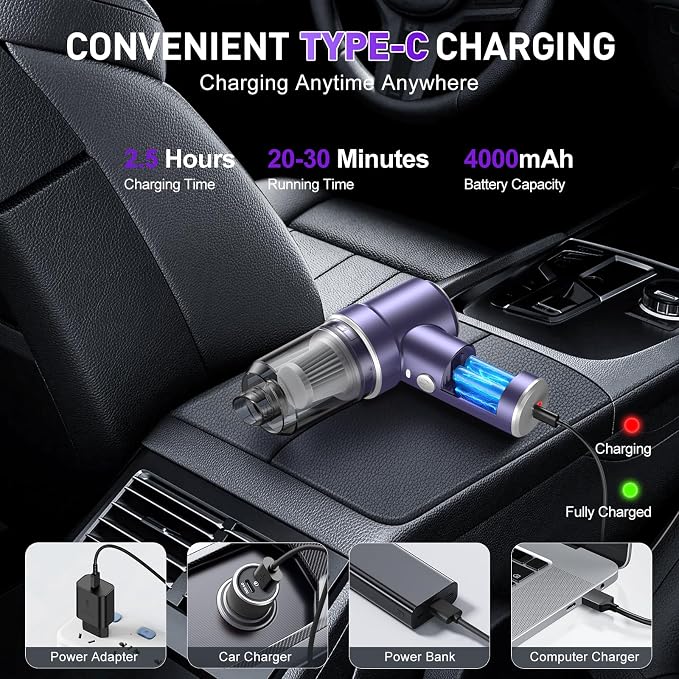 KMM Handheld Car Vacuum Cleaner, Hand Held Vacuum Cleaner & Air Duster | 9000PA Strong Suction, 120W High Power, Portable, Cordless, Rechargeable, Multi-Nozzles & LED Light, For Home, Car, Office