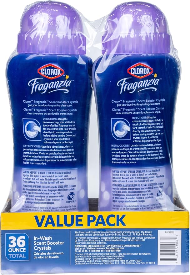 Clorox Fraganzia Laundry Scent Booster Crystals, In-Wash Fragrance Beads for Fresh-Smelling Clothes & Linens, Safe for All Fabrics & Colors, Easy-Pour Bottle, Dreamy Jasmine Scent, 18 Oz, 2 Pack