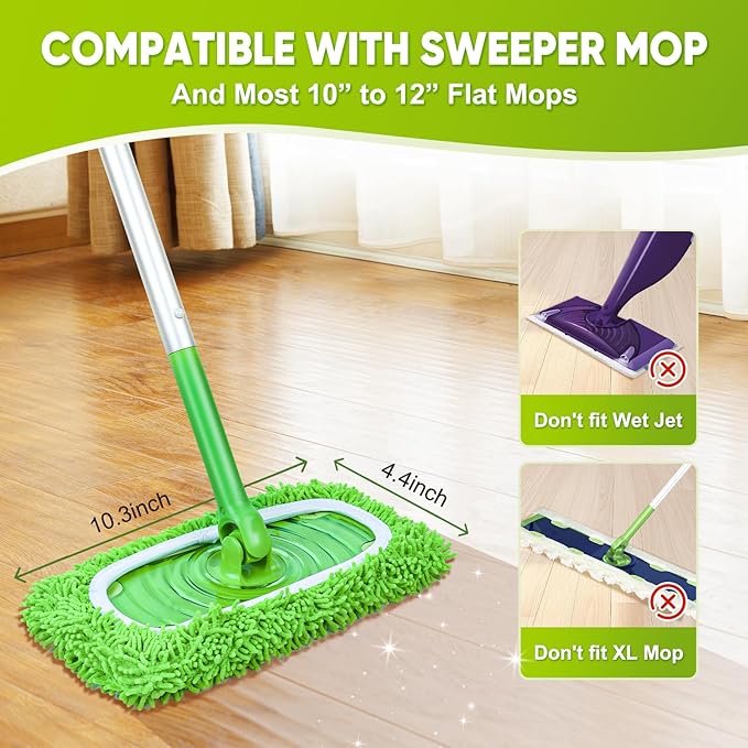 Reusable Mop Pads Fit Swiffer Sweeper, 4-Pack Microfiber Mop Replacement Pads, Washable Wet Mopping Cloths & Dry Sweeping Chenille Pads Refill for Floor Cleaning