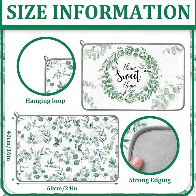 Zonon Dish Drying Mat for Kitchen Counter 16 x 24 Microfiber Absorbent Dish Drainer Rack Pads Fast Dry Mat Vintage Kitchen Decorations(Green,16" X 24",Eucalyptus Leaves)