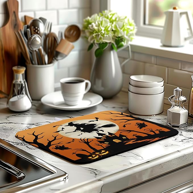 Halloween Dish Drying Mat for Kitchen Counter 16x18 Witch Castle Bats Ghost Drying Pad Orange Black Fall Holiday Dishes Drainer Mat Absorbent Microfiber Kitchen Countertop Protector Dish Mat