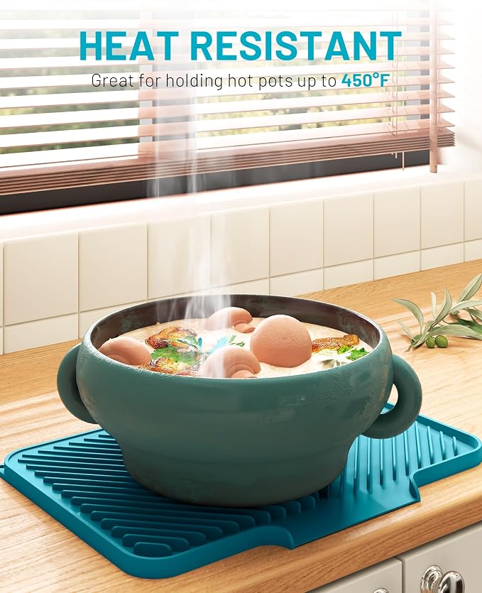 Dish Drying Mat Kitchen Counter - Silicone Dish Drying Pad with Built-in Drain for Sink, Refrigerator and Drawer liner, Easy Clean, Non-Slip, Heat Resistant, 14.8" x 10.7"