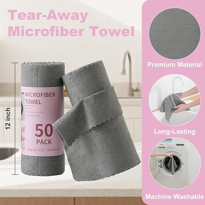 Jessy Home 2 Roll Reusable Paper Towels,100 Sheets Tear Away Microfiber Cleaning Cloth, Lint Free Cleaning Rags for Kitchen, Dishcloth,Household Cleaning Supplies
