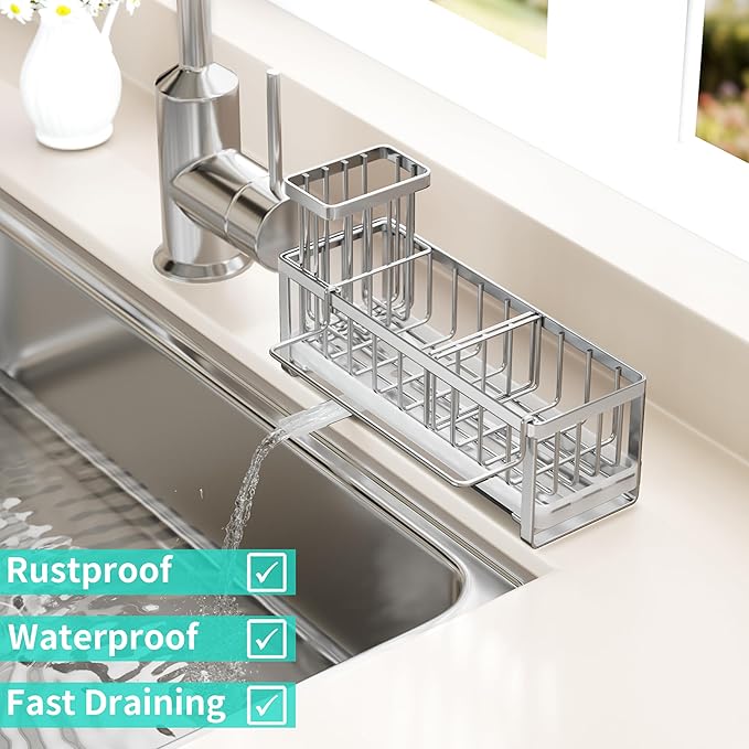 HapiRm Sponge Holder for Kitchen Sink - Self-draining Sink Caddy with Brush and Dishcloth Holder, Stainless Steel Sponge Caddy for Countertop - Silver(Large)