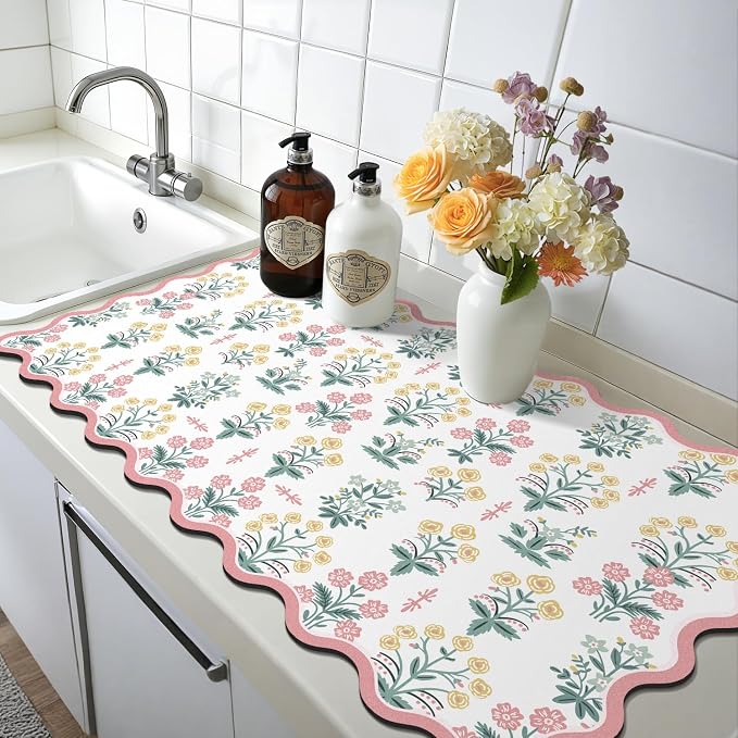 LOKHOM Scalloped Floral Dish Drying Mat, 17"x32" Super Absorbent Coffee Mat with Unique Pink Pastoral Floral, Cuttable Hide Stain Non-slip Drying Mat for Kitchen Counter Coffee Maker Espresso Machine