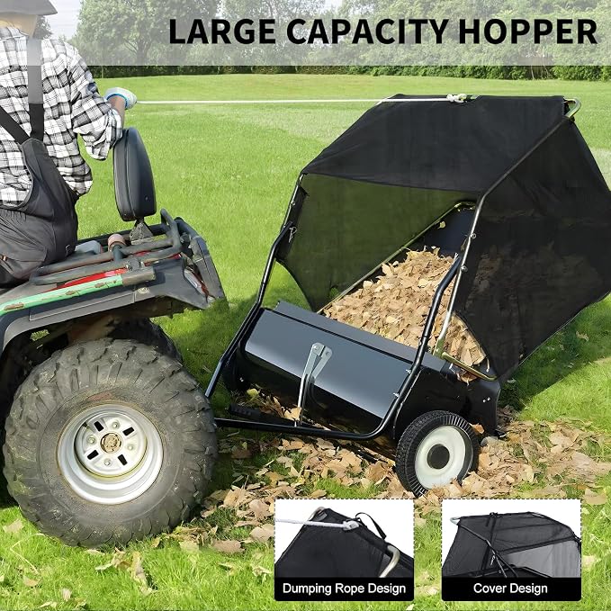 Grebest Tow Behind Lawn Sweeper for Tractors & Riding Mowers, 44" Wide, 25cu ft Large Capacity Leaf & Grass Sweeper with Adjustable Brush Height, Dump Rope, Rubber Wheels, Foldable Design