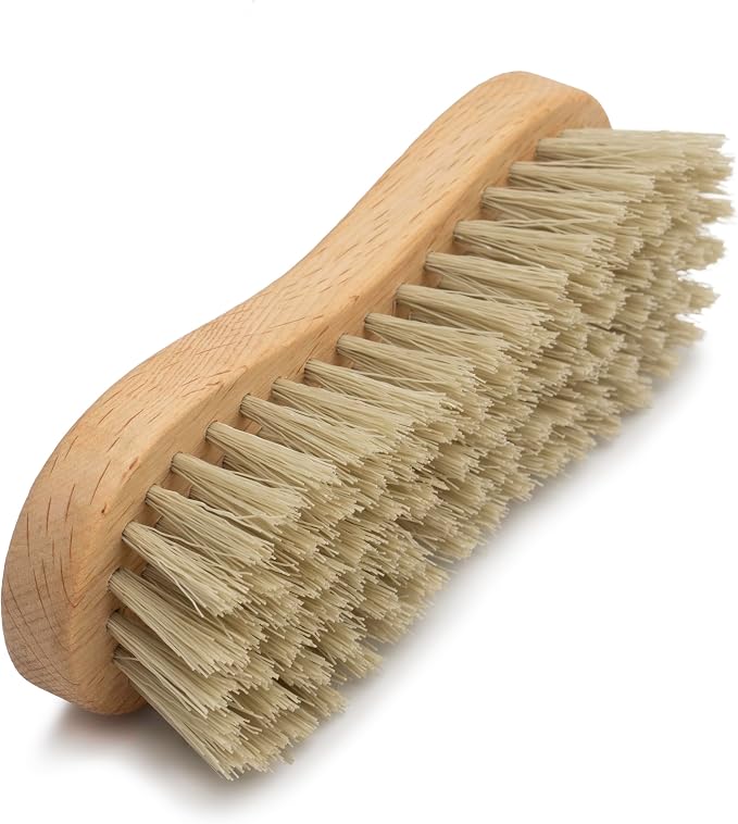 KONEX Medium-Stiffness Nylon Fiber Scrub Brush - Heavy Duty Cleaning Brush, Wooden Handle, Brown, Ideal for Hardwood Floor, Outdoor Surfaces, Carpet
