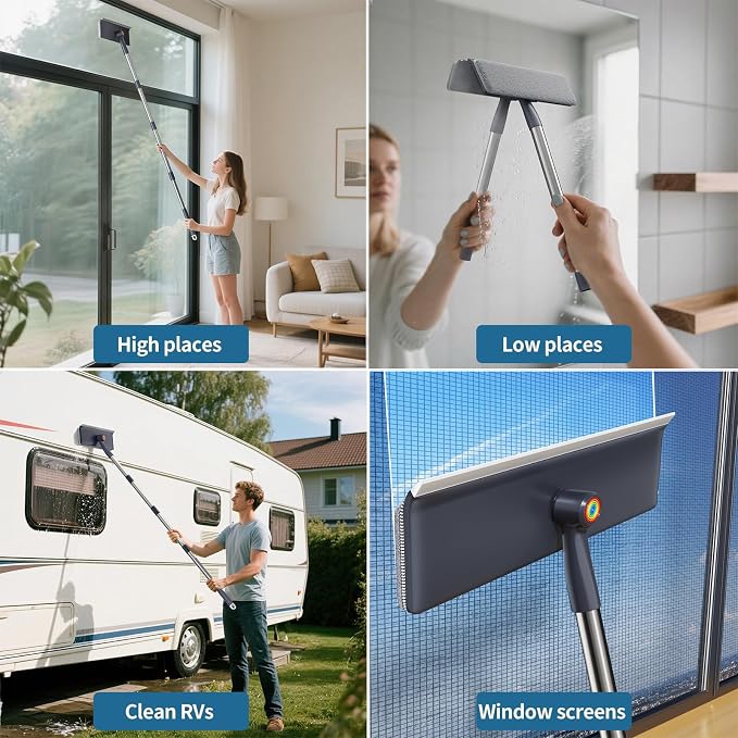 3 in 1 Window Squeegee for Home, Window Cleaning Kit with 60" Extension Pole, Professional Window Cleaner Tool for Outdoor Windows, Glass, Mirrors, Screens with 3 Microfiber Cloths & Screen Brush